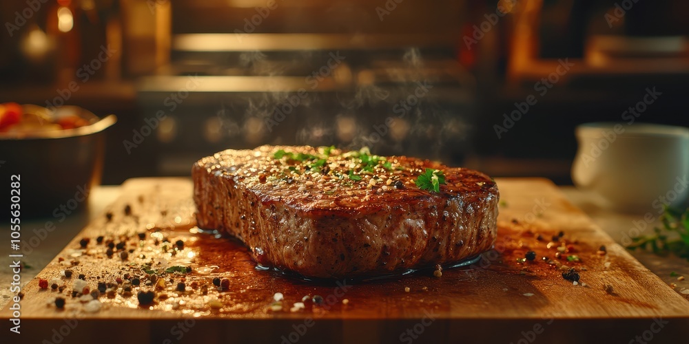 a steak on a wooden cutting board with a lot of smoke coming out of it