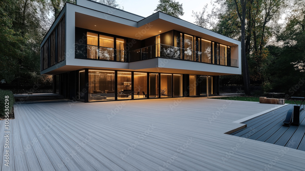 Fototapeta premium Modern two-story house with large glass windows and spacious outdoor patio surrounded by trees at dusk