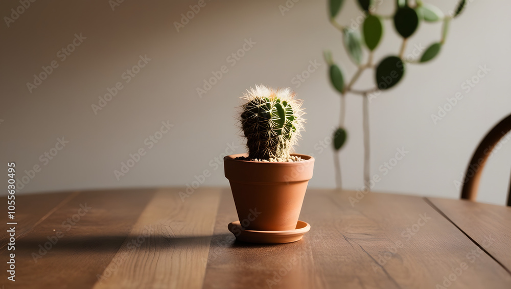 A small cactus in a terracotta pot placed on a wooden table, with soft, natural lighting. A small cactus in a terracotta pot placed on a wooden table, with soft, natural lighting.