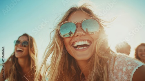 A close-up of friends joyfully basking under the sun, with beaming smiles and sunglasses reflecting their vibrant surroundings, celebrating carefree happiness.