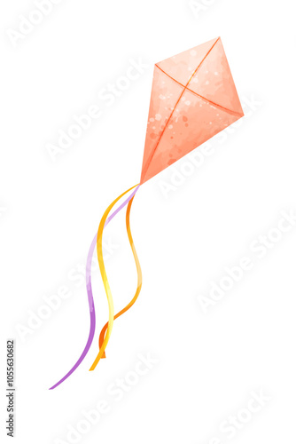 Orange kite with colorful ribbons. Watercolor vector  illustration