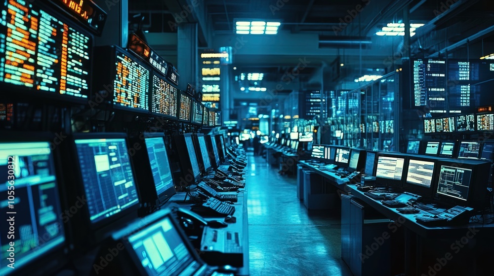Rows of computer screens in a bustling trading floor with financial virtual data Rows of computer screens in a bustling trading floor with financial virtual data