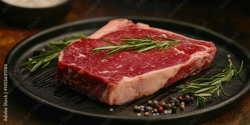 a piece of meat on a plate with herbs a piece of meat on a plate with herbs