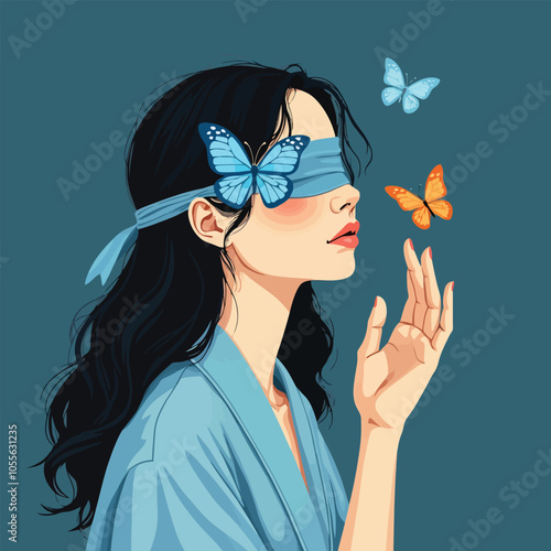 Illustration of a serene woman with blue hair, wearing a butterfly blindfold