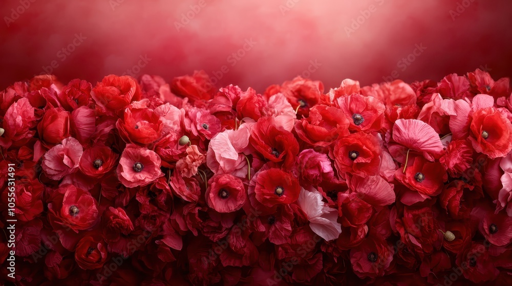 An expansive field of poppies showcases an array of reds, from deep crimson to light pink, casting a vibrant tapestry across the image's breadth. An expansive field of poppies showcases an array of reds, from deep crimson to light pink, casting a vibrant tapestry across the image's breadth.
