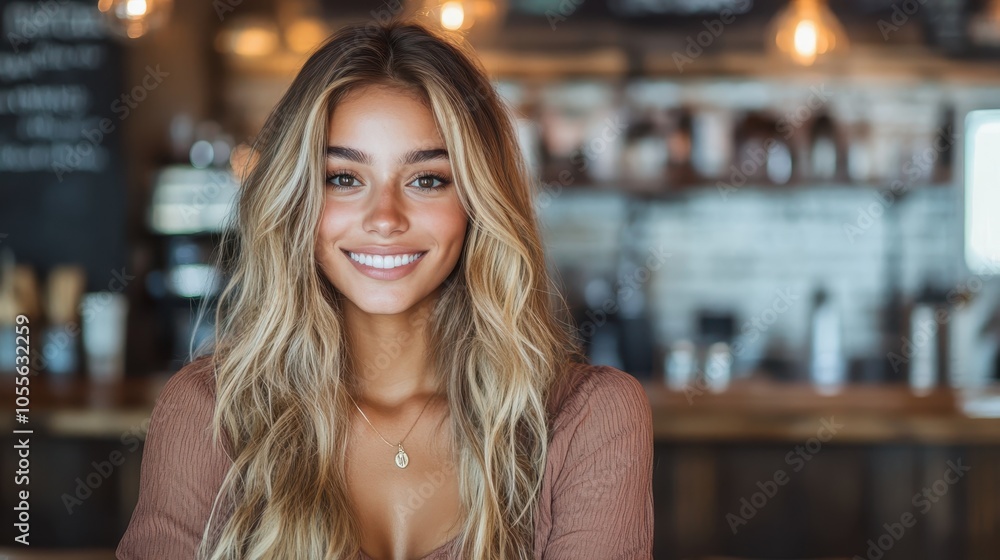 A joyful woman with a bright smile is set against a cozy café backdrop, enveloped in warm ambient lighting, creating a welcoming and friendly atmosphere. A joyful woman with a bright smile is set against a cozy café backdrop, enveloped in warm ambient lighting, creating a welcoming and friendly atmosphere.