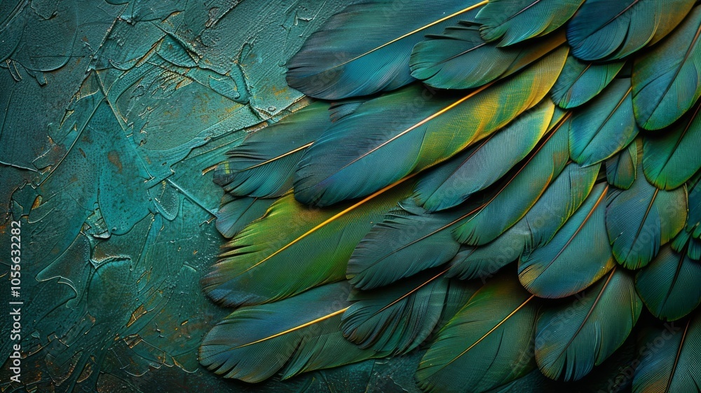 Obraz premium A close-up shot of teal and gold feathers arranged in a diagonal line against a dark teal textured background.