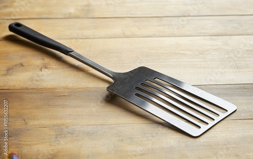 A stainless steel spatula with a black handle, ideal for flipping and serving food. photo