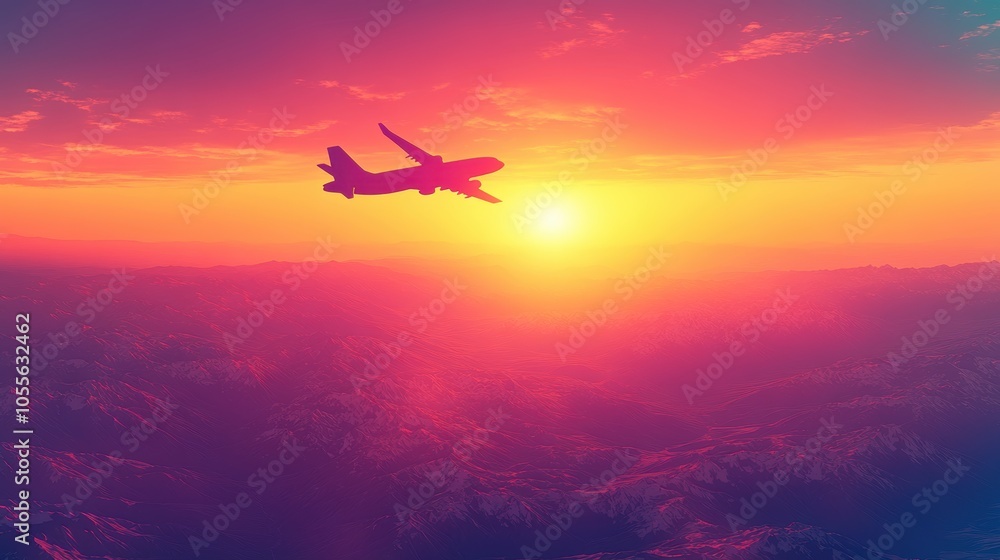 Silhouette of airplane flying above mountains at sunset. Silhouette of airplane flying above mountains at sunset.