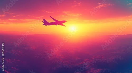 Silhouette of airplane flying above mountains at sunset.