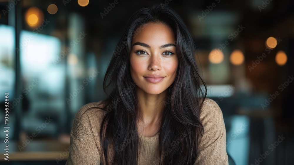 A young woman with long dark hair sits in a cozy cafe, her smile gentle and inviting, creating a warm atmosphere amidst blurred background lights. A young woman with long dark hair sits in a cozy cafe, her smile gentle and inviting, creating a warm atmosphere amidst blurred background lights.