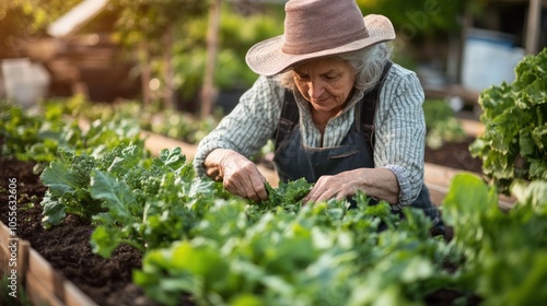 Elderly Woman Tending to a Garden of Green Leafy Plants