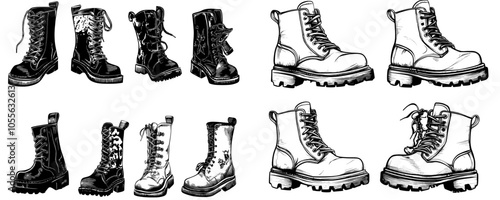 An illustration of Wellington boots for kids and adults, hand drawn in modern style, isolated on white.