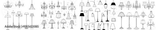 Set of lamp outline icons. Modern floor lamp, nightlights, chandeliers, ceiling lamps, table lamps. Linear sketches of interior light furniture for decor. Modern illustration isolated on a white