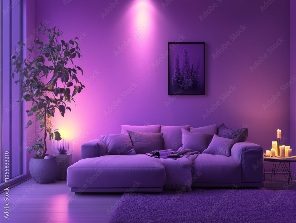 Purple calm walls in a minimalist winter living room, with clean lines, cozy textures, and soft lighting for a calming ambiance Purple calm walls in a minimalist winter living room, with clean lines, cozy textures, and soft lighting for a calming ambiance