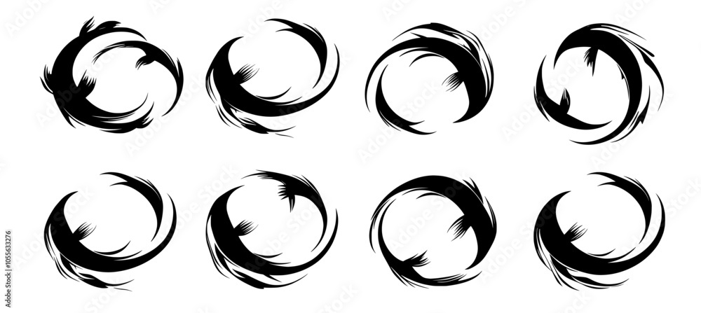 The silhouette of shoals of fish or tuna swarming in a circular, spiral, or wave formation. Marine life circle frame for aquarium, seafood, or fishery emblem design. Isolated modern graphic. The silhouette of shoals of fish or tuna swarming in a circular, spiral, or wave formation. Marine life circle frame for aquarium, seafood, or fishery emblem design. Isolated modern graphic.