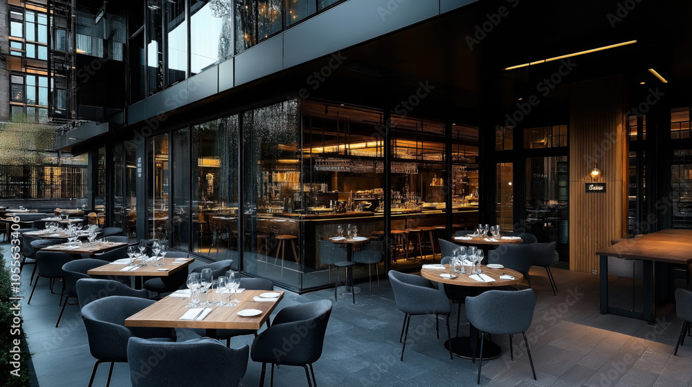 Obraz premium Modern outdoor seating area of a restaurant with wooden tables and gray chairs near a glass-walled dining area with visible bar and warm lighting inside.