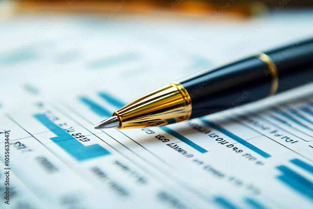 A close-up of a sleek pen resting on a financial report, highlighting analysis and data with blue bar graphs. A close-up of a sleek pen resting on a financial report, highlighting analysis and data with blue bar graphs.