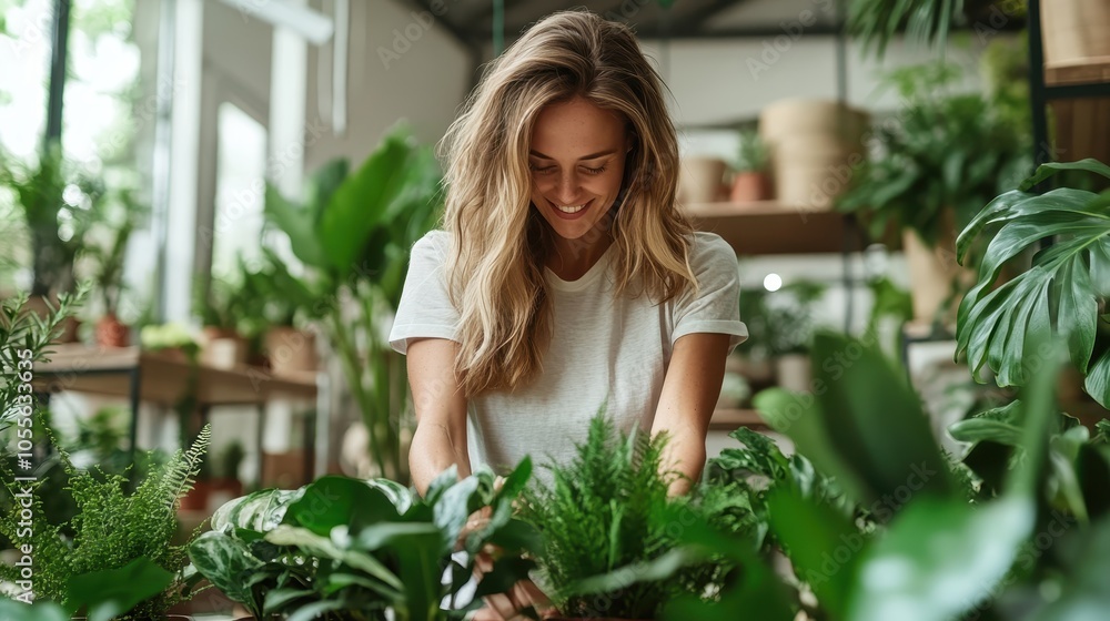 A cheerful woman with wavy blonde hair tends to lush green plants inside a bright, cozy greenhouse, exuding a sense of connection with nature and tranquility. A cheerful woman with wavy blonde hair tends to lush green plants inside a bright, cozy greenhouse, exuding a sense of connection with nature and tranquility.