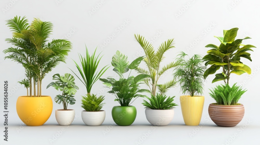 Fototapeta premium A variety of indoor plants in decorative pots arranged aesthetically.
