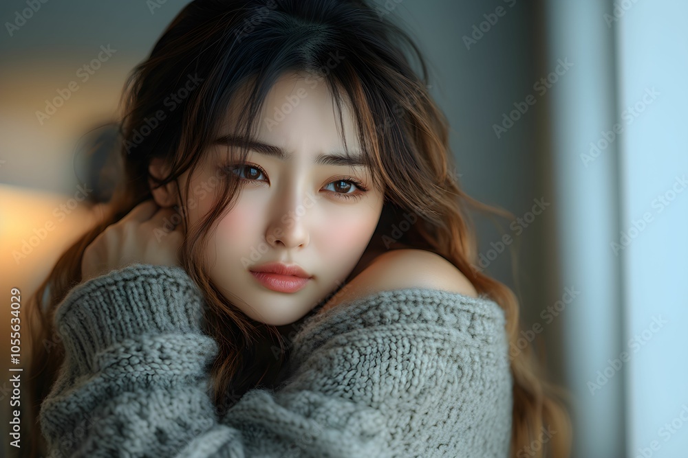 A soft, intimate portrait of a young woman with long hair, wearing a cozy sweater, exuding warmth and serene beauty. A soft, intimate portrait of a young woman with long hair, wearing a cozy sweater, exuding warmth and serene beauty.