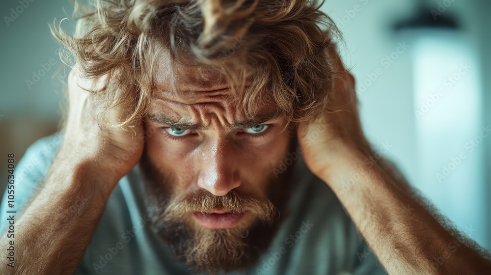 A distressed man grips his hair while deep in contemplation, capturing a moment of frustration and intensity as he stares intensely into the distance. A distressed man grips his hair while deep in contemplation, capturing a moment of frustration and intensity as he stares intensely into the distance.