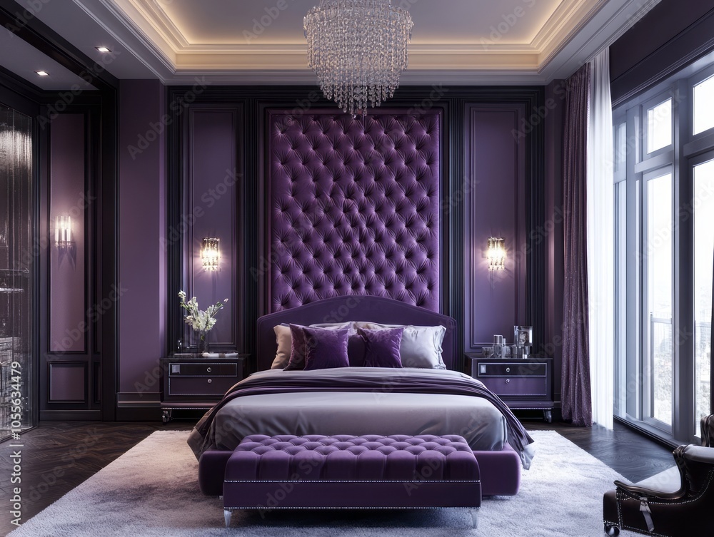 Purple walls bring a regal touch to this modern bedroom with chrome accents and a monochromatic palette Purple walls bring a regal touch to this modern bedroom with chrome accents and a monochromatic palette