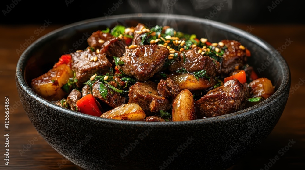 A steaming bowl of tender beef chunks cooked with vibrant bell peppers and garnished with sesame seeds, capturing the essence of comfort food in a rustic setting. A steaming bowl of tender beef chunks cooked with vibrant bell peppers and garnished with sesame seeds, capturing the essence of comfort food in a rustic setting.