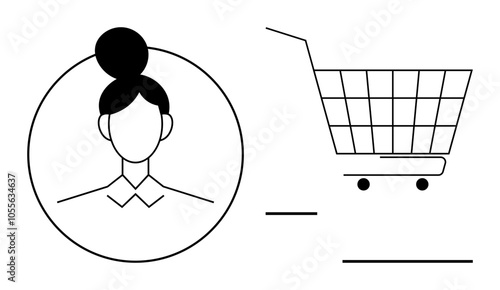 A simplistic black and white outline showing a womans profile on the left and a digital shopping cart on the right. Ideal for e-commerce, online shopping, digital retail, customer support, and web