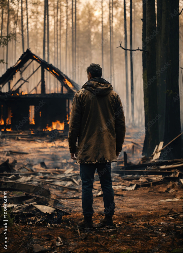 A sad man standing in front of a burnt down home in a forest A sad man standing in front of a burnt down home in a forest