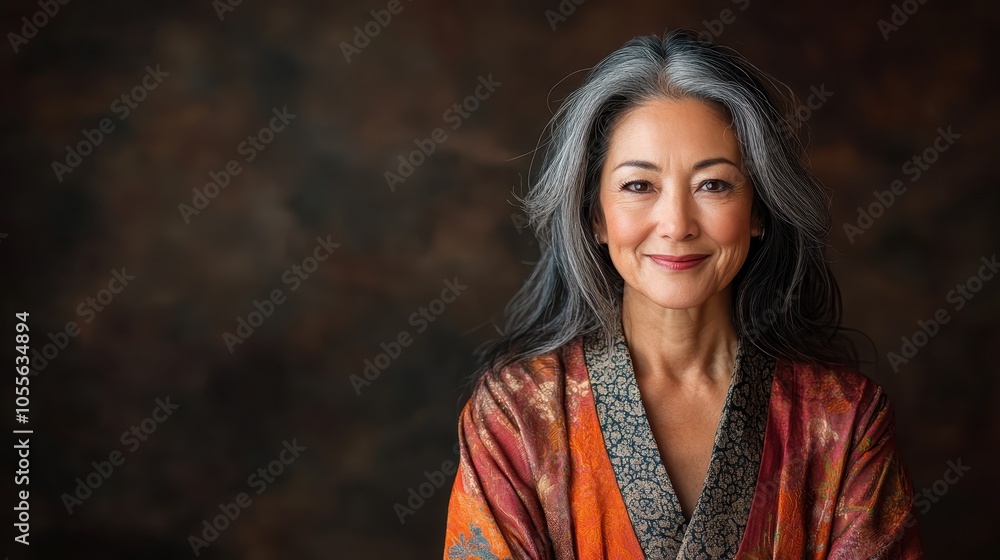 An elderly woman with long grey hair smiles warmly, dressed in a vibrant traditional robe, against a subtle, textured brown backdrop, exuding wisdom and grace. An elderly woman with long grey hair smiles warmly, dressed in a vibrant traditional robe, against a subtle, textured brown backdrop, exuding wisdom and grace.