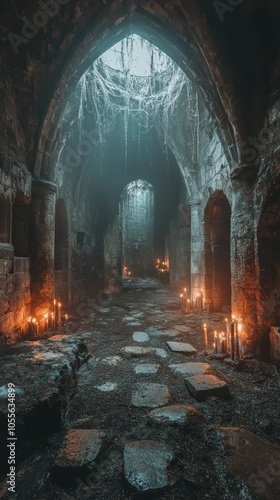 Exploring the eerie four-story ancient crypt adorned with cobwebs and flickering candles in a spooky atmosphere