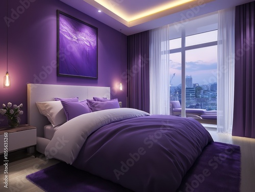 Purple walls with contemporary art, sleek lighting, and minimalist furniture in this chic modern bedroom