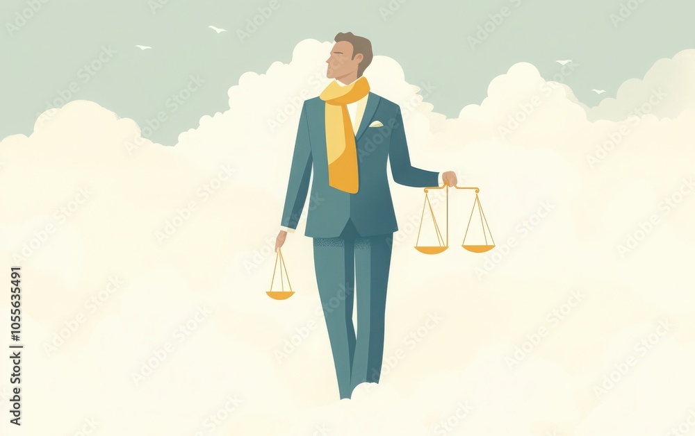 A 2D flat vector illustration of a man dressed in a blue suit and yellow scarf, holding a pair of scales. A 2D flat vector illustration of a man dressed in a blue suit and yellow scarf, holding a pair of scales.