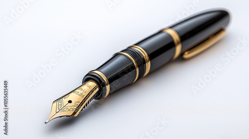 A Close-Up of a Black and Gold Fountain Pen on a White Background