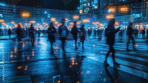 Wallpaper Mural Blurry Silhouettes of People Walking Through a City at Night with a Blue Grid Light Installation Torontodigital.ca