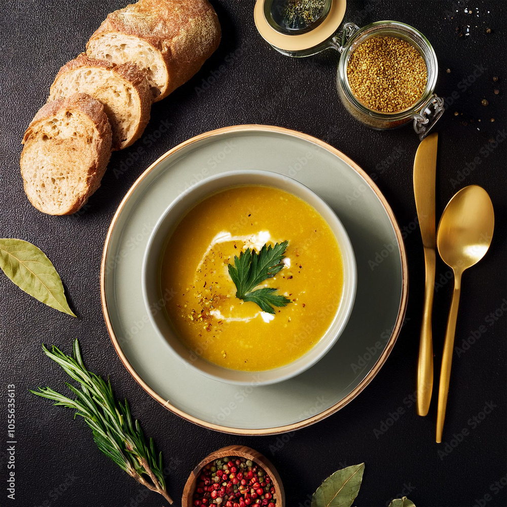 Estilo fotografia gastronômica, visão superior, prato de sopa, mesa com talheres dourados, pão e temperos. Estilo fotografia gastronômica, visão superior, prato de sopa, mesa com talheres dourados, pão e temperos.