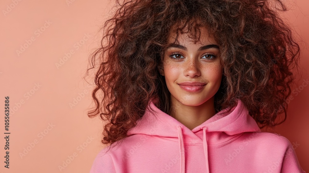 A young woman with curly hair wearing a vibrant pink hoodie smiles softly, with an orange background adding warmth and positive vibes to the image. A young woman with curly hair wearing a vibrant pink hoodie smiles softly, with an orange background adding warmth and positive vibes to the image.