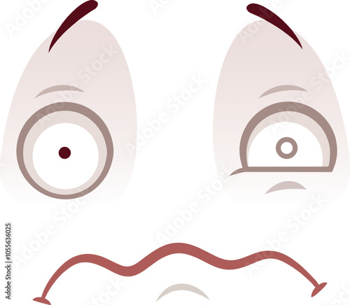 Cartoon face with big eyes shows disgust and skepticism, with a wavy mouth and raised eyebrows on a white background, perfect for conveying emotions like dislike and fear