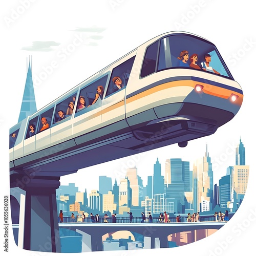 A cartoon monorail gliding smoothly above a bustling city, with excited passengers looking out at the skyline on a white background.