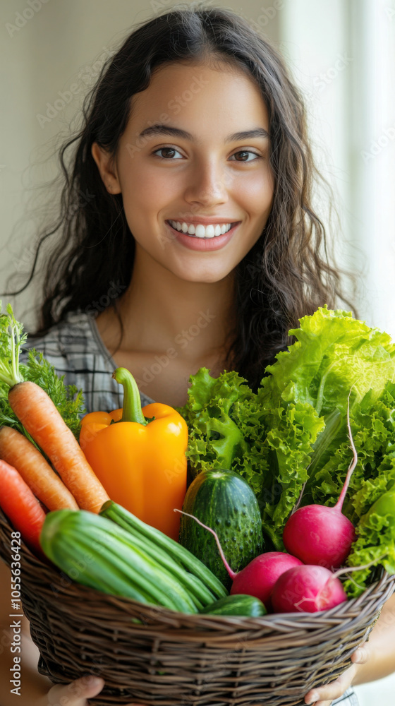 Fresh harvest: young woman with vibrant vegetable basket for healthy living inspiration Fresh harvest: young woman with vibrant vegetable basket for healthy living inspiration