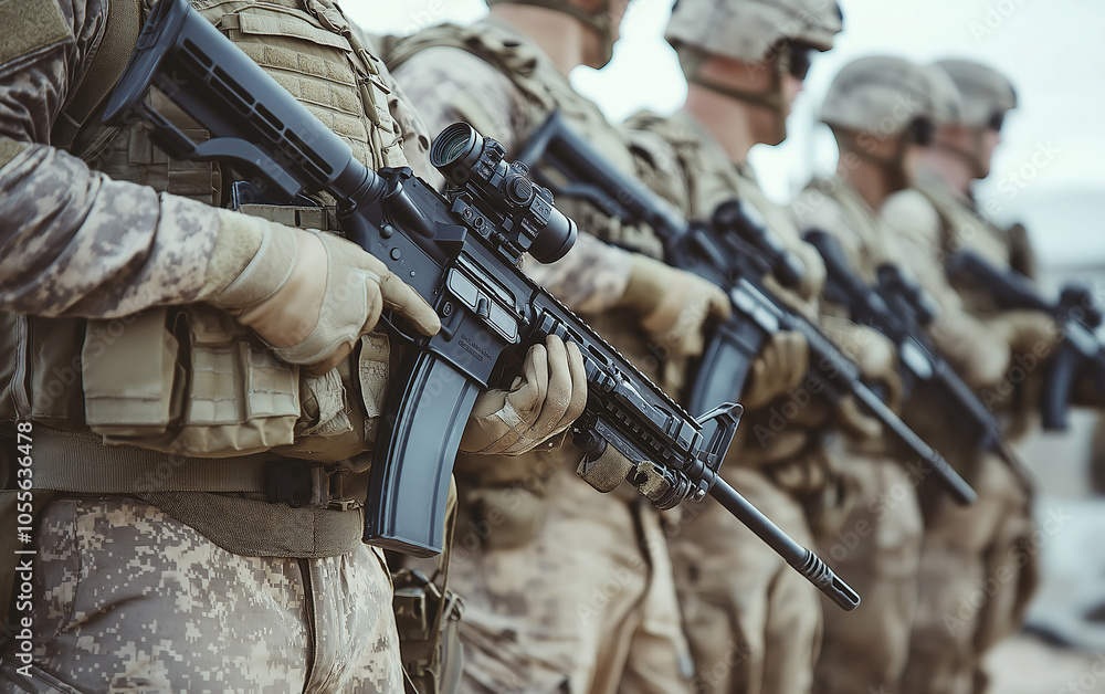 Close-up of soldiers holding rifles, standing in a line with equipment and gear on their backs. Close-up of soldiers holding rifles, standing in a line with equipment and gear on their backs.