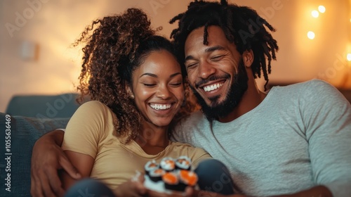 A couple shares laughter and cupcakes while snuggling on the couch, embodying love and closeness, surrounded by ambient lighting, capturing a cozy evening setting. photo