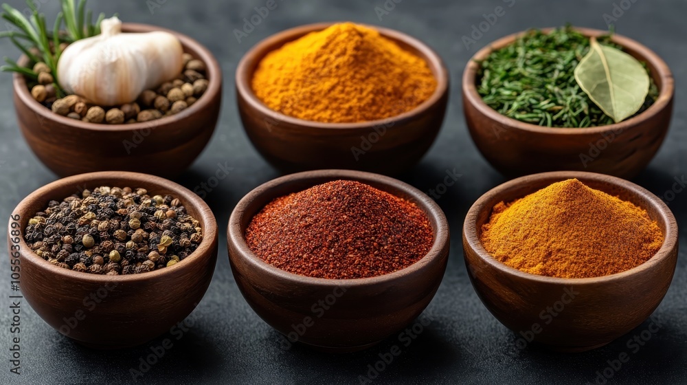 A variety of spices arranged in wooden bowls, featuring vibrant hues like yellow and red, complemented by garlic cloves, on a smooth dark surface. A variety of spices arranged in wooden bowls, featuring vibrant hues like yellow and red, complemented by garlic cloves, on a smooth dark surface.