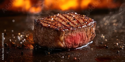 a steak is sitting on a plate in front of a fire