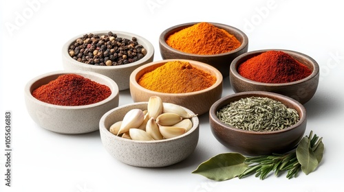 Fototapeta Naklejka Na Ścianę i Meble -  A selection of spices in ceramic bowls accompanied by garlic cloves and herbs, placed on a white background, emphasizing culinary artistry and flavor inspiration.