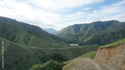 The view of the road and mountain in Ollon Village, Toraja, South Sulawesi, Indonesia. photo