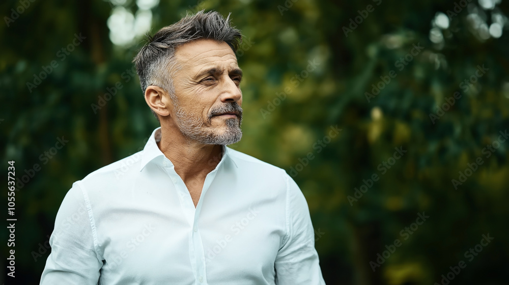Portrait of middle-aged man with gray hair and beard wearing a white shirt standing outdoors with blurred green foliage background. Portrait of middle-aged man with gray hair and beard wearing a white shirt standing outdoors with blurred green foliage background.