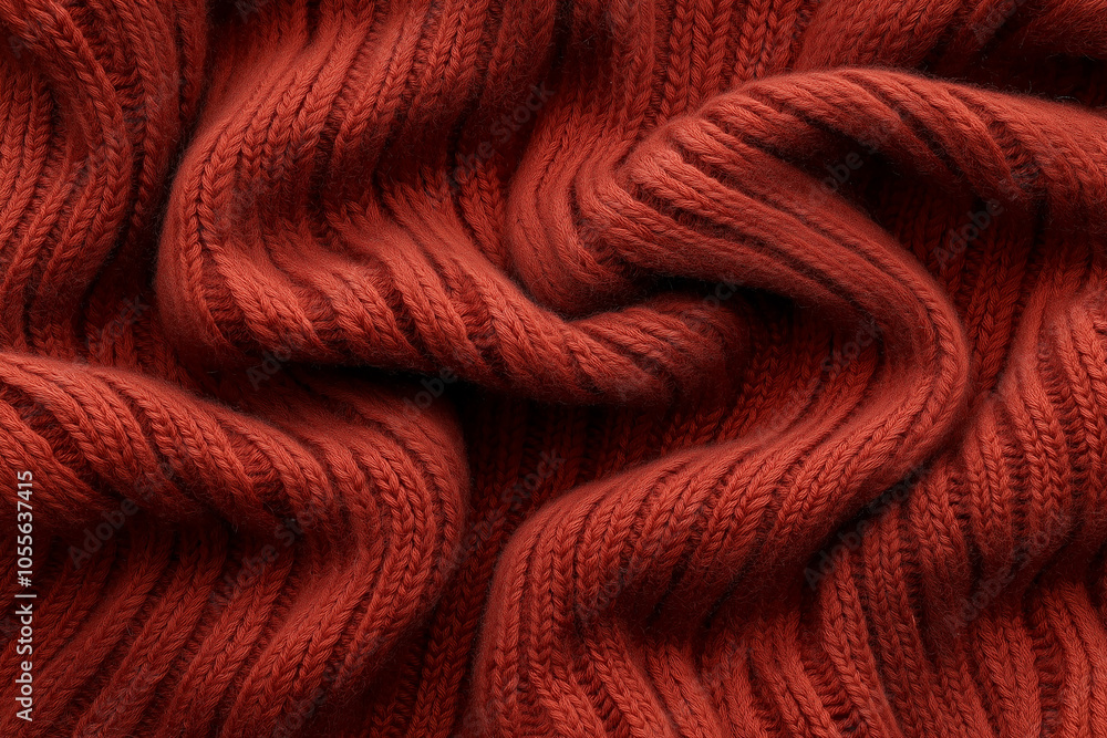 Red woolen sweater material, flat surface with texture and details, close-up, red background Red woolen sweater material, flat surface with texture and details, close-up, red background