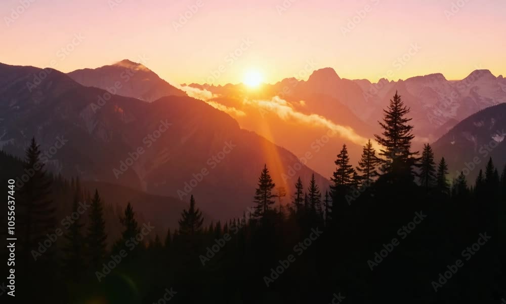 Bright fiery orange sun setting behind the beautiful mountain Bright fiery orange sun setting behind the beautiful mountain